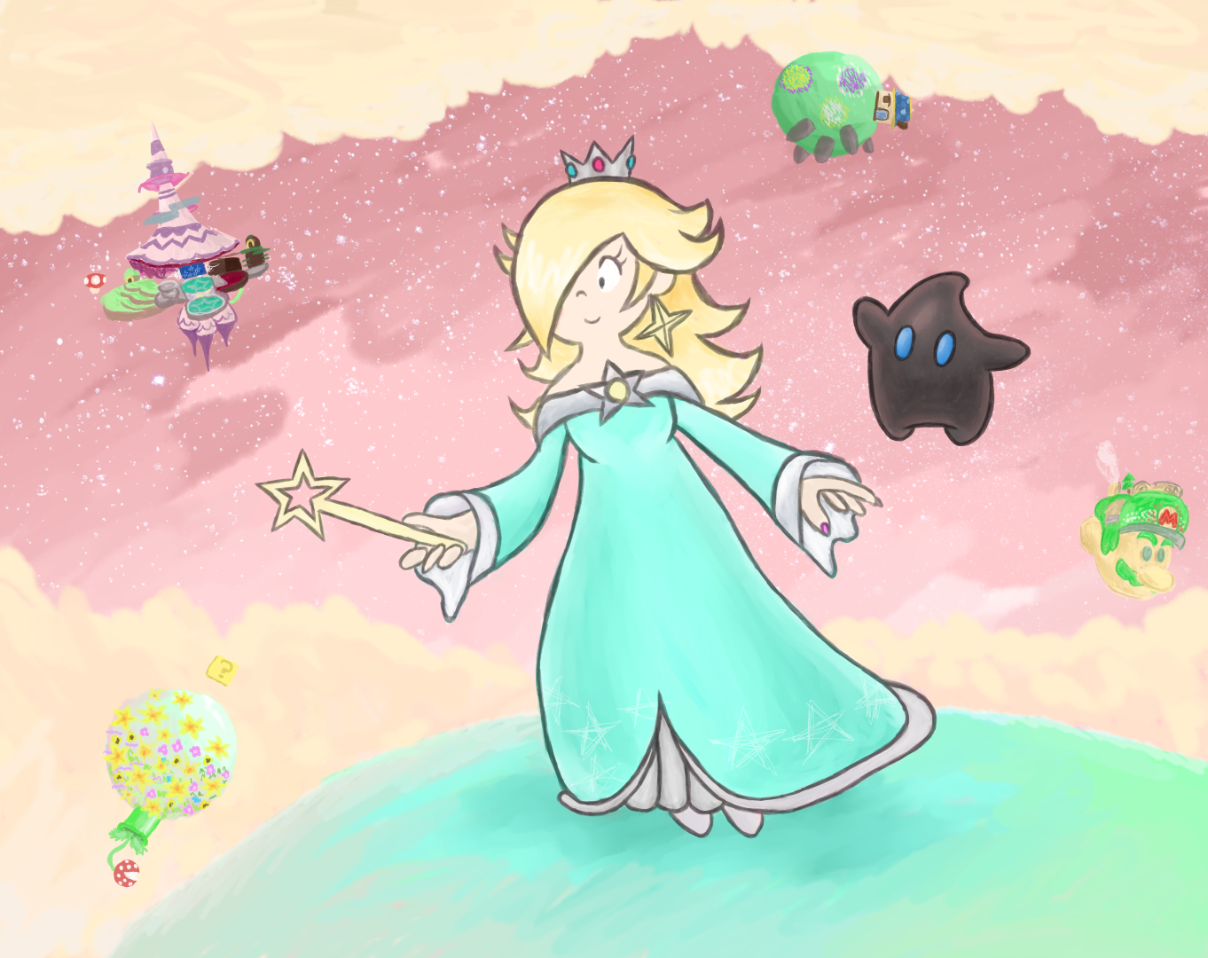 Illustration of a blonde princess with a sweeping bang and a blue/teal dress stands on a circular grassy planet alongside her luma, a floating star shaped assistant with eyes. Various small planetoids litter the pink starry sky in the background.